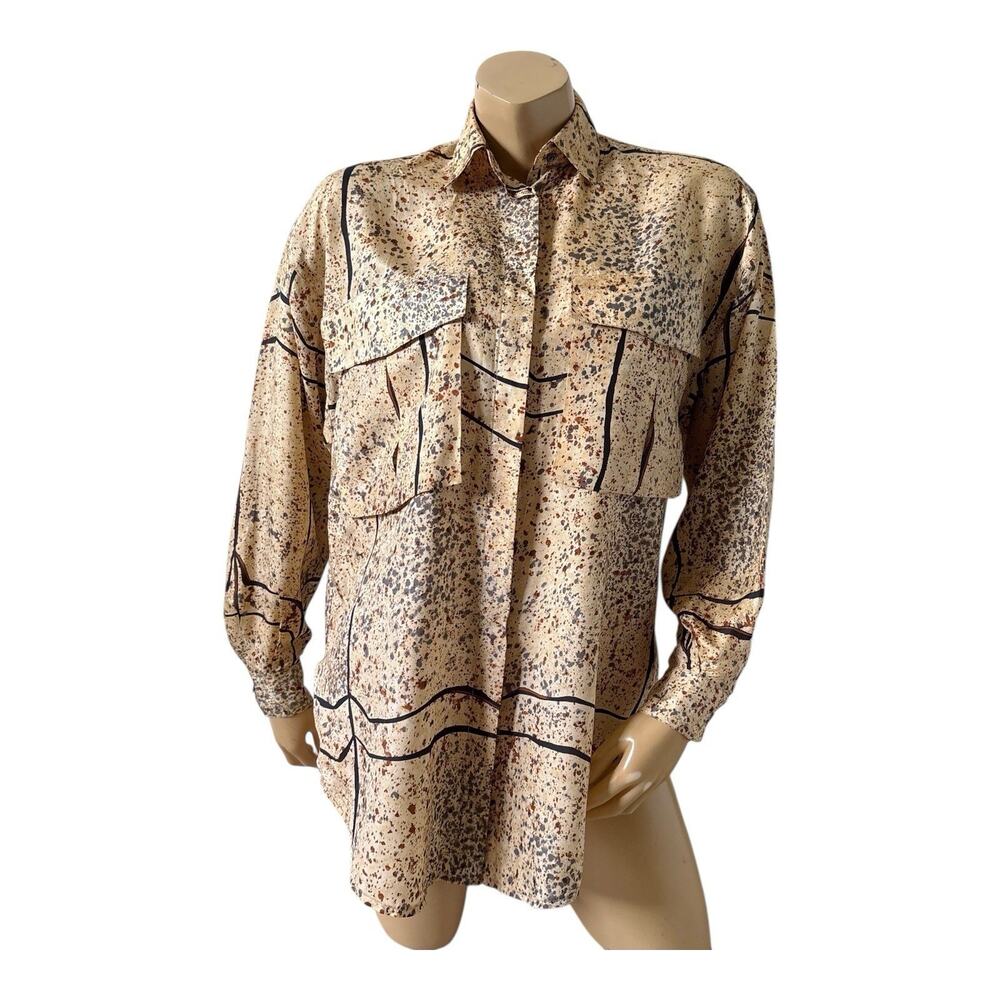 Vintage Helene Sidel Silk Blouse Womens P Abstract Button Front Long Sleeve